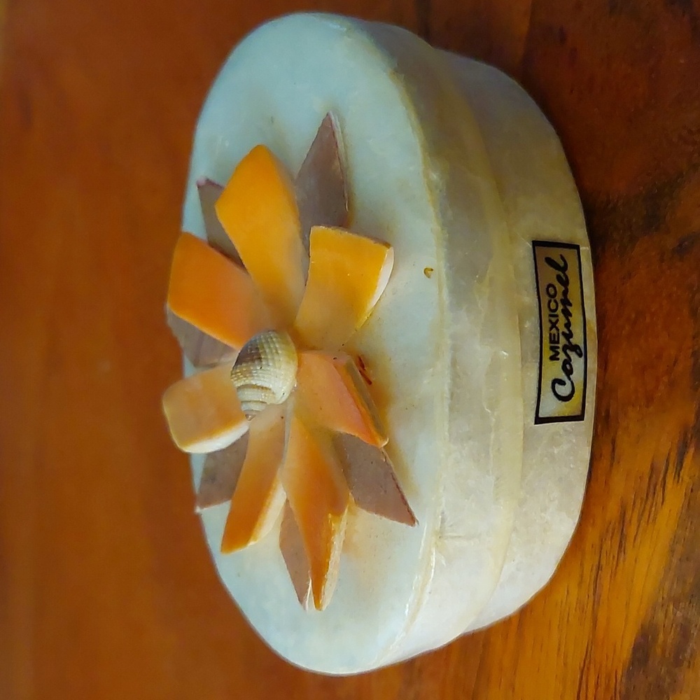 White Stone Trinket Box with Orange Shell Flower